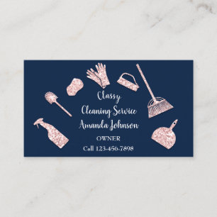 Classy Cleaning Services Gold Logo Maid Pink Blue Business Card
