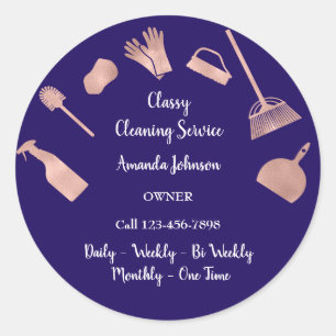Classy Cleaning Services Gold Logo Maid Rose Navy Classic Round Sticker