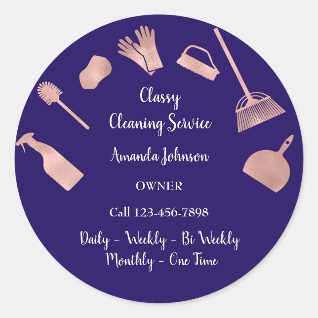 Classy Cleaning Services Gold Logo Maid Rose Navy Classic Round Sticker (Front)