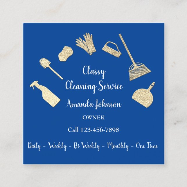 Classy Cleaning Services Gold Logo Maid Royal Blue Square Business Card (Front)