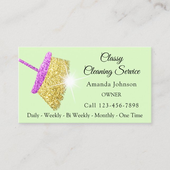 Classy Cleaning Services Pink Green Glitter Maid Business Card (Front)