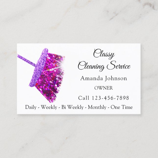 Classy Cleaning Services Pink Purple Glitter Maid Business Card (Front)