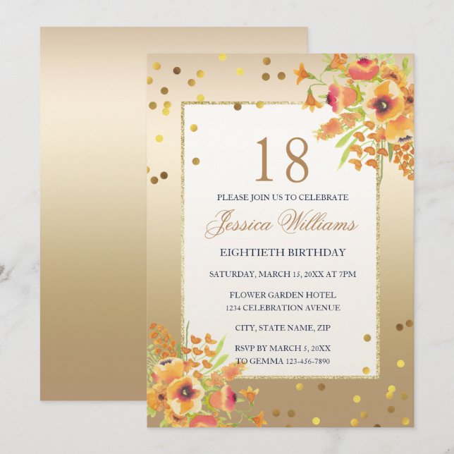 Classy Confetti & Corner Flowers 18th Birthday Invitation (Front/Back)