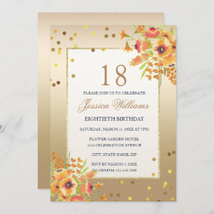 Classy Confetti & Corner Flowers 18th Birthday Invitation