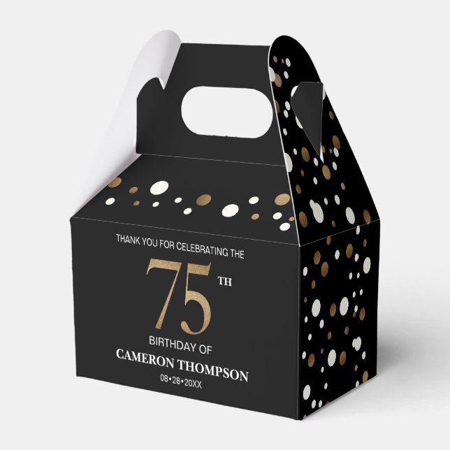 Classy Confetti Gold Black 75th birthday Custom Favor Box (Back Side)