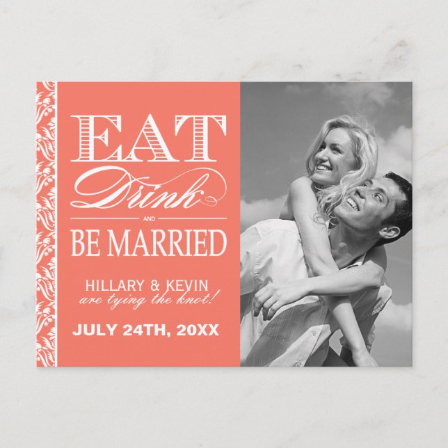 Classy Coral Damask Save the Date Announcement Postcard (Front)