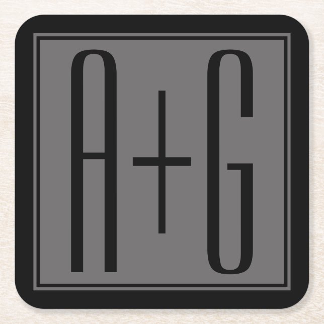 Classy Couples Initials | Black & Grey Square Paper Coaster (Front)