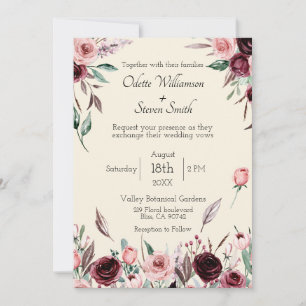 Classy Cream and Burgundy Flowers Rustic Wedding Invitation