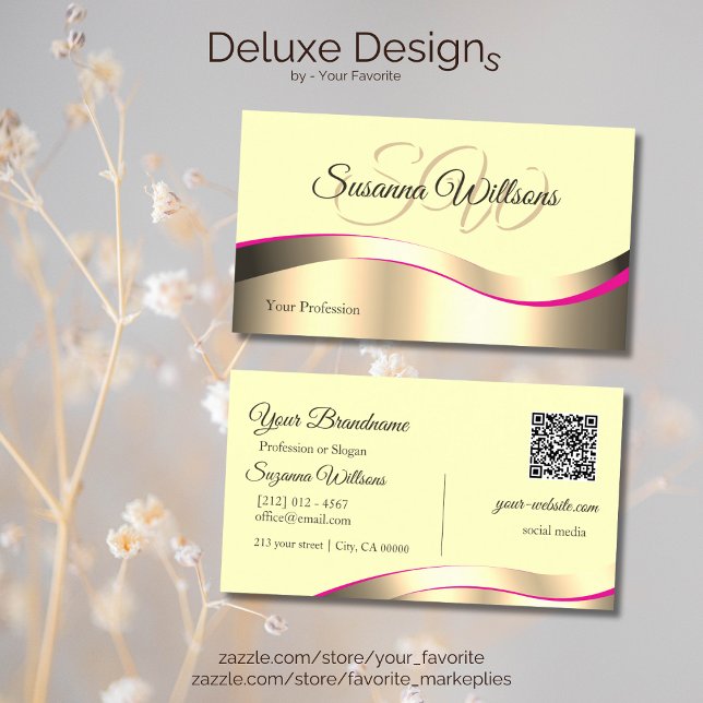 Classy Cream Wavy Gold Decor Initials and QR Code Business Card (Creator Uploaded)