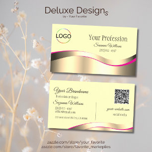 Classy Cream Wavy Gold Decor with Logo and QR Code Business Card