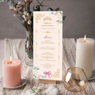 Classy Crown Pink Bow Quinceanera Custom Menu Card