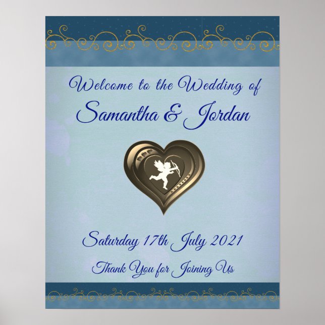 Classy Cupid in Heart, Blue & Gold Welcome Poster (Front)
