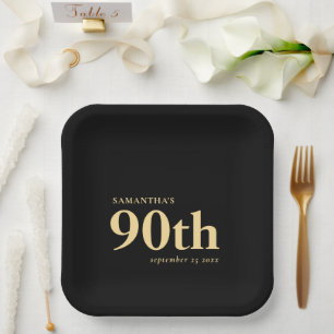 Classy Custom Gold Black Text 90th Name Date Paper Plate