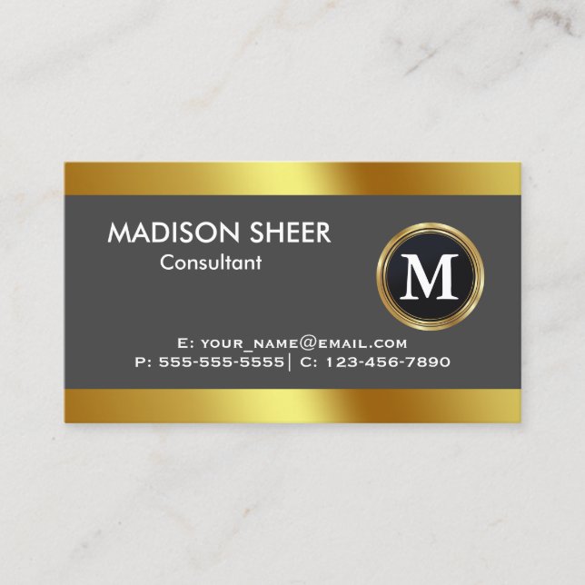 Classy custom logo on golden gradient circle black business card (Front)