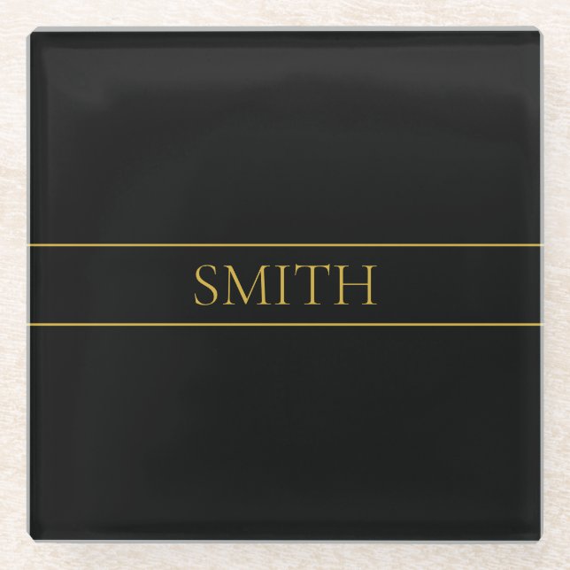 Classy Customizable Gold Text & Lines Glass Coaster (Front)