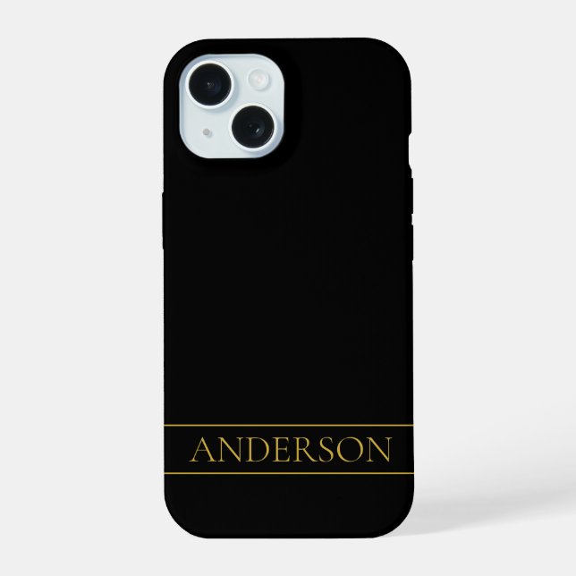 Classy Customizable Gold Text & Lines iPhone 15 Case (Back)
