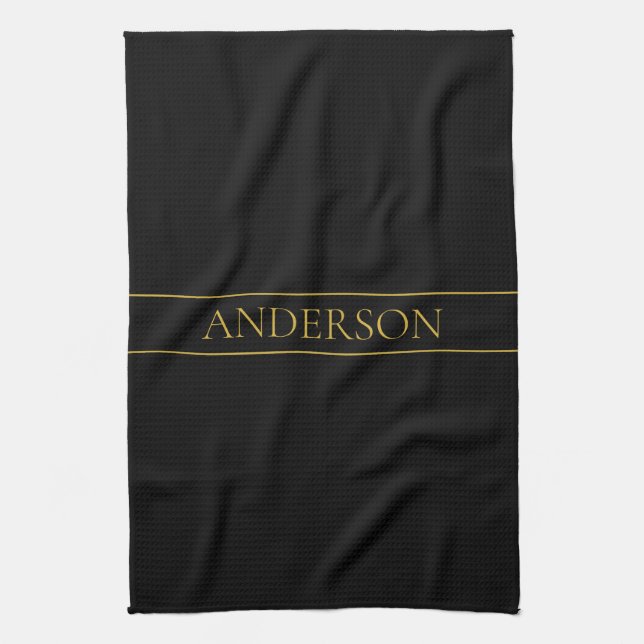 Classy Customizable Gold Text & Lines Kitchen Towel (Vertical)