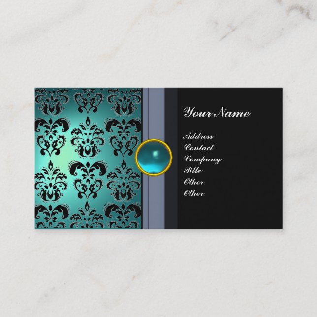 CLASSY DAMASK GEM MONOGRAM black blue aquamarine Business Card (Front)