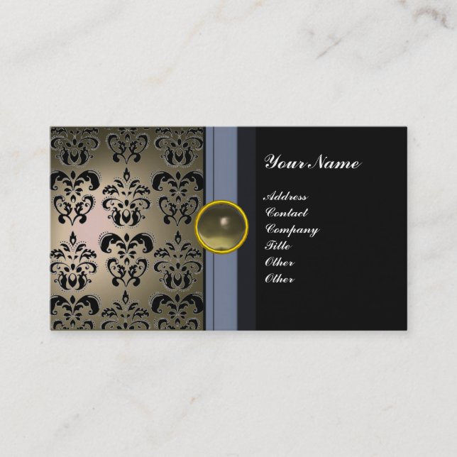 CLASSY DAMASK GEM MONOGRAM black grey Business Card (Front)
