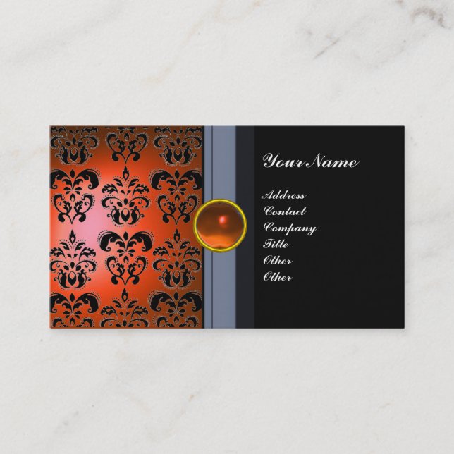 CLASSY DAMASK GEM MONOGRAM black orange Business Card (Front)