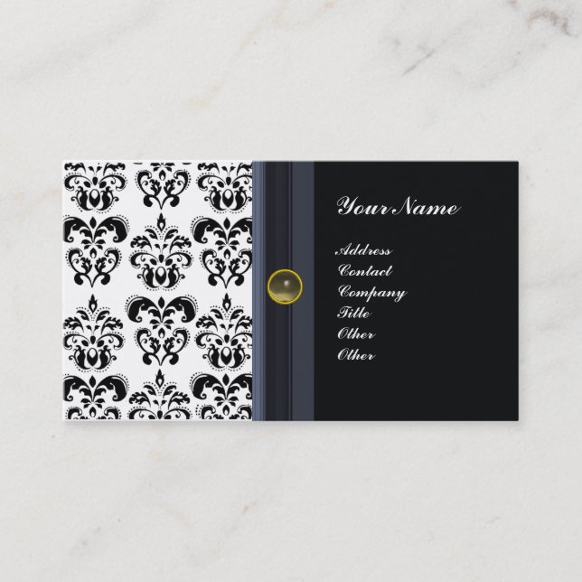 CLASSY DAMASK MONOGRAM ,black agate Business Card (Front)