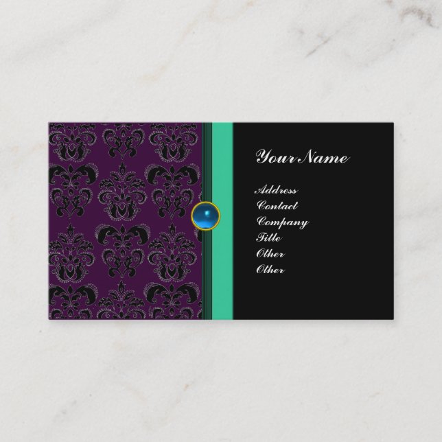 CLASSY DAMASK MONOGRAM ,black sapphire Business Card (Front)
