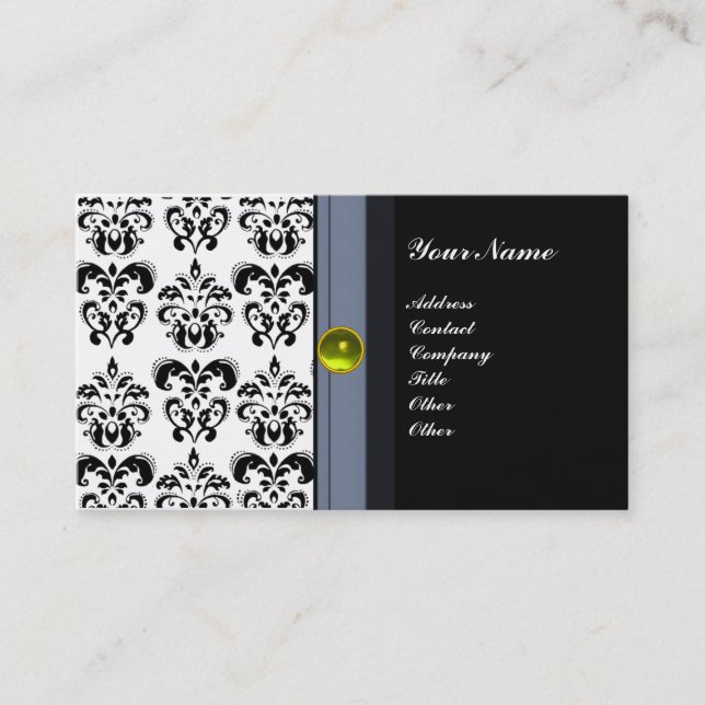 CLASSY DAMASK MONOGRAM ,black topaz yellow Business Card (Front)