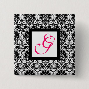 CLASSY DAMASK MONOGRAM,pink fuchsia 2 Inch Square Button