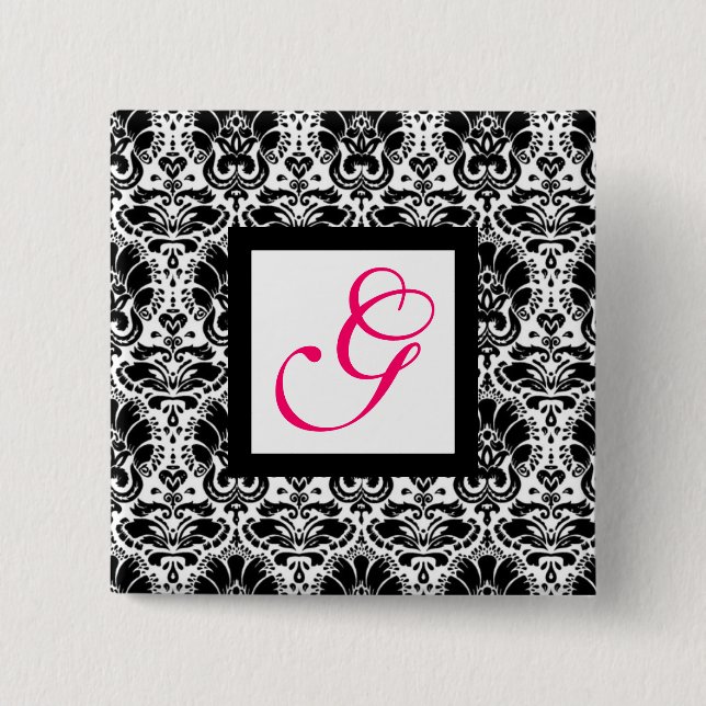CLASSY DAMASK MONOGRAM,pink fuchsia 2 Inch Square Button (Front)