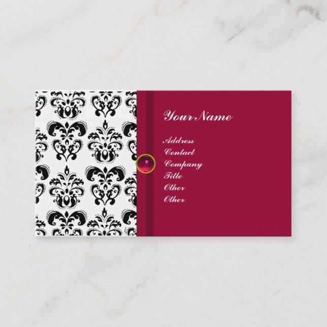 CLASSY DAMASK MONOGRAM ,red ruby pink Business Card (Front)