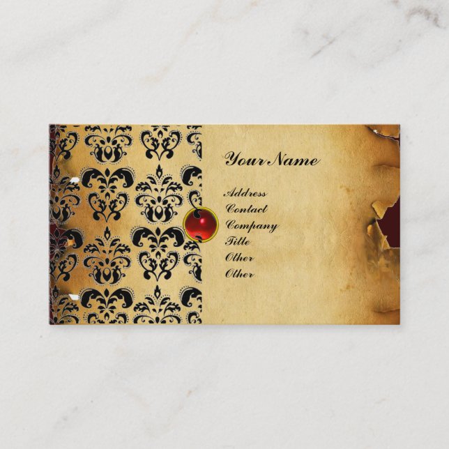 CLASSY DAMASK PARCHMENT MONOGRAM red black Business Card (Front)