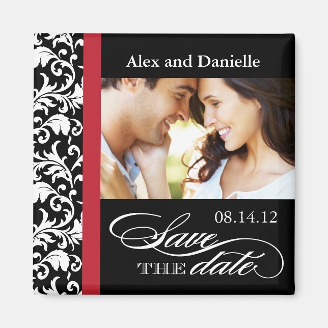 Classy Damask Save the Date with Red Accent Magnet (Front)