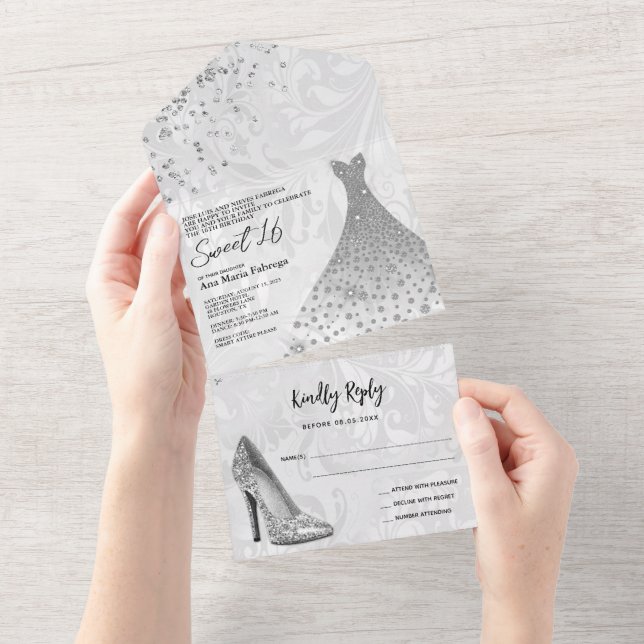 Classy Damask, Silver Stiletto & Gown Sweet 16 All In One Invitation (Tearaway)