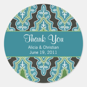 Classy Damask Turquoise Thank You Labels