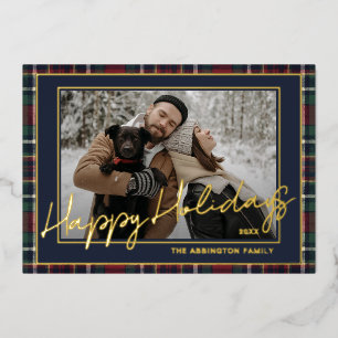 Classy Dark Blue Green Red Plaid Pattern Gold Foil Holiday Card