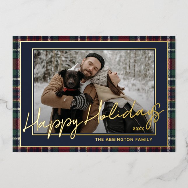 Classy Dark Blue Green Red Plaid Pattern Gold Foil Holiday Card (Front)