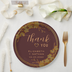 Classy Dark Burgundy & Gold Floral Thank You Paper Plate