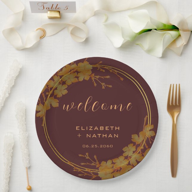 Classy Dark Burgundy & Gold Floral Welcome Paper Plate (Wedding)