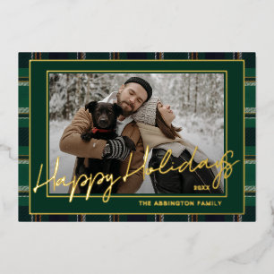 Classy Dark Green Blue Ochre Plaid Pattern Gold Foil Holiday Card
