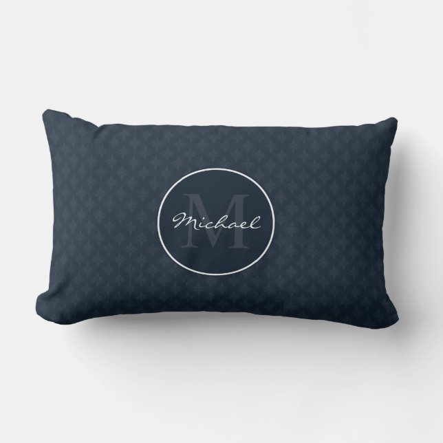 Classy Dark Navy Blue Custom Monogram Lumbar Pillow (Front)