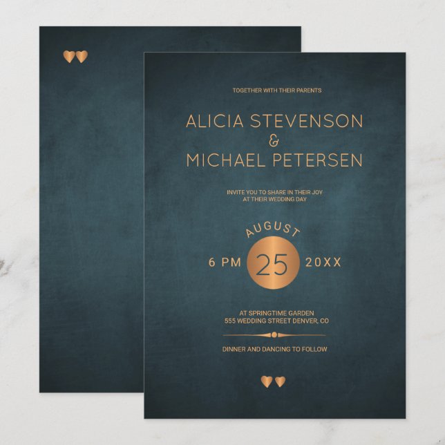 Classy dark navy blue metallic copper wedding invitation (Front/Back)