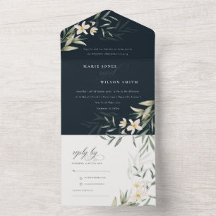 Classy Dark Navy White Greenery Floral Wedding All In One Invitation