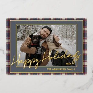 Classy Dark Red Blue Plaid Pattern Gold Foil Holiday Card