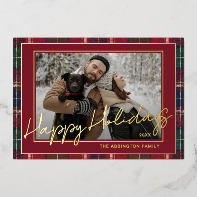 Classy Dark Red Green Blue Plaid Pattern Gold Foil Holiday Card (Front)