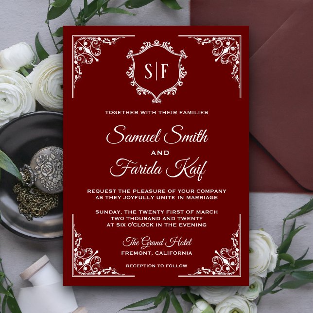 Classy Dark Red Ornate Monogram Wedding Invitation (Creator Uploaded)