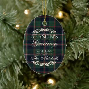 Classy Dark Red Teal Blue Floral Holiday Wreath Ceramic Ornament