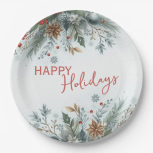 Classy Dark Red Teal Blue Floral Holiday Wreath Paper Plate
