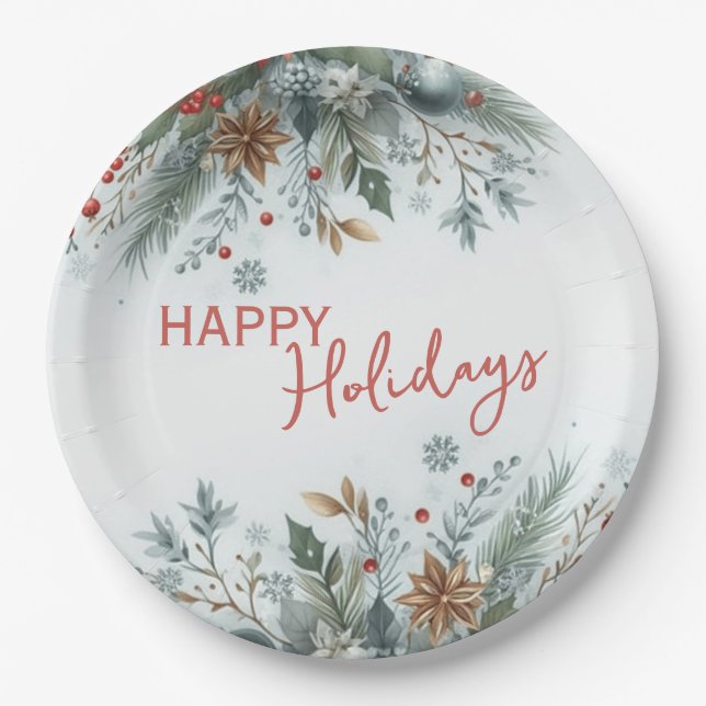 Classy Dark Red Teal Blue Floral Holiday Wreath Paper Plate (Front)
