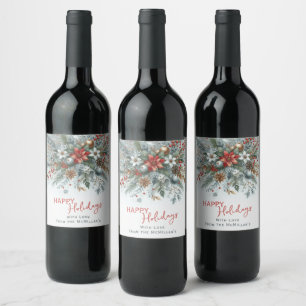 Classy Dark Red Teal Blue Floral Holiday Wreath Wine Label