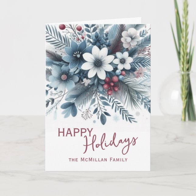 Classy Dark Teal Blue Red Floral Holiday Wreath (Front)